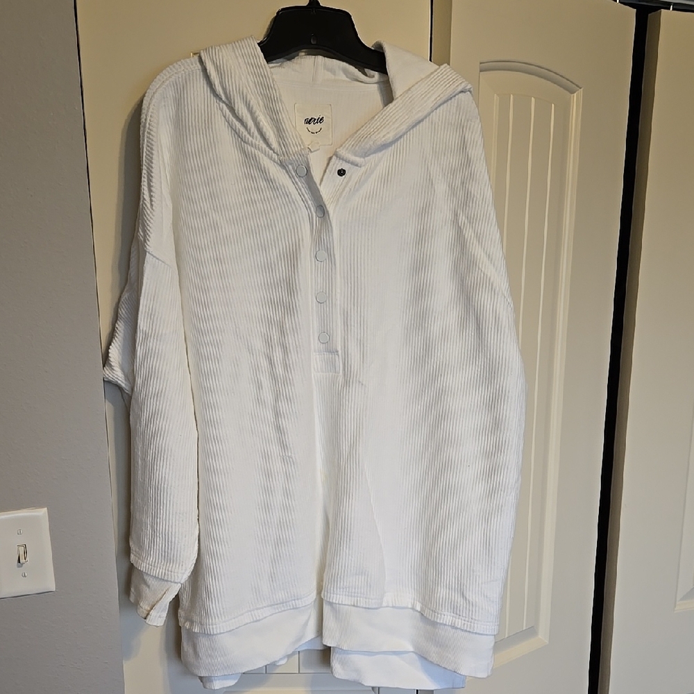 White Hooded Pullover with Button Detail